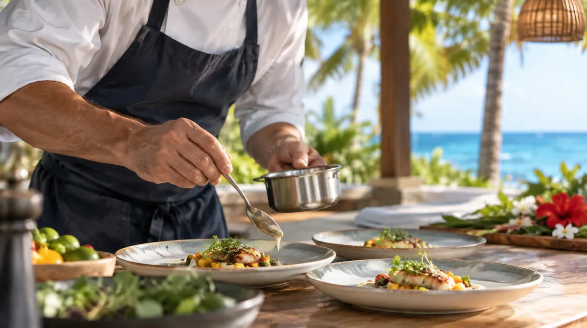 A chef spooning sauce over plates of grilled fish at an outdoor table by the sea