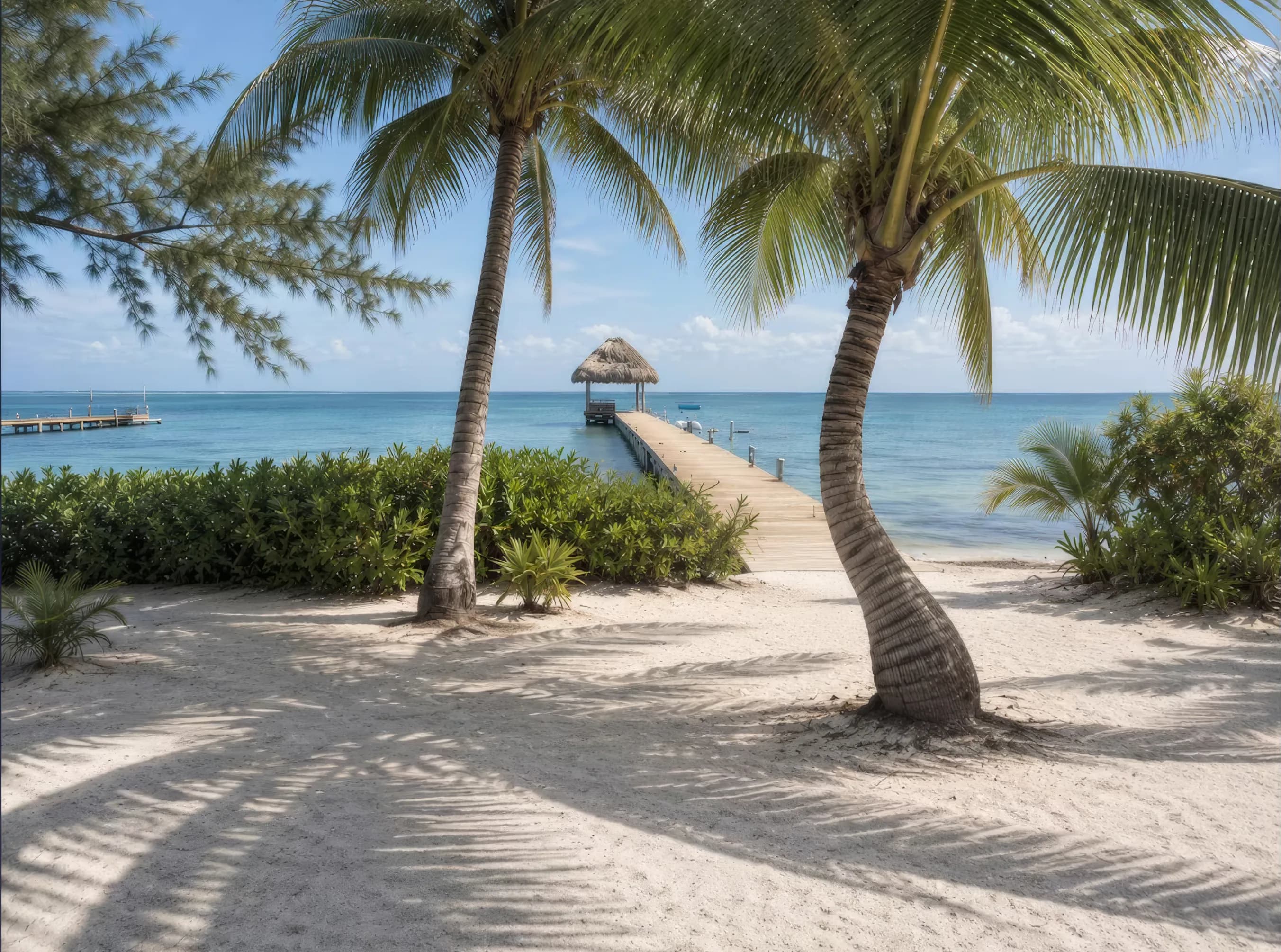 Two coconut palms leaning over white sand, with the thatched pier running out into the Caribbean