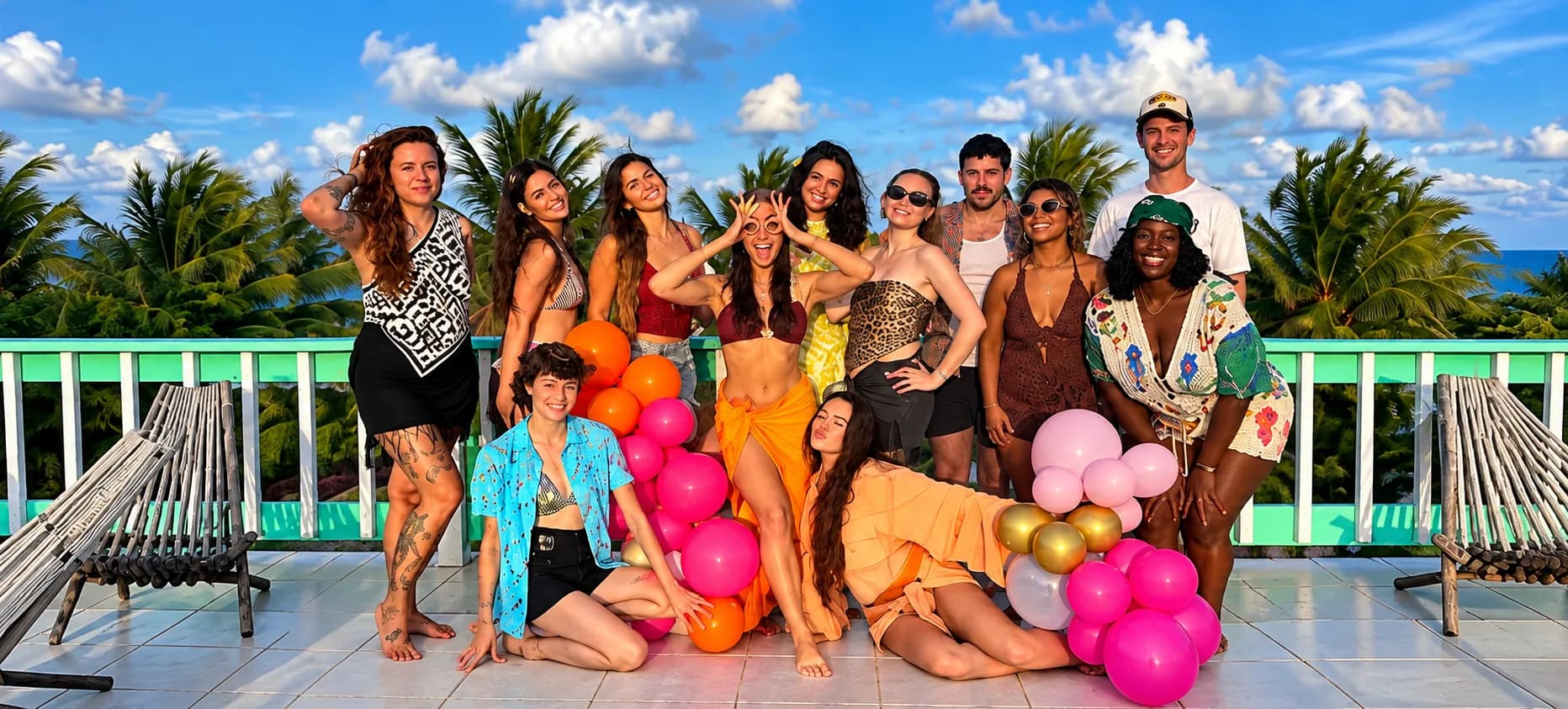 A group of guests posing with pink, orange and gold balloons on the villa's upper deck, with palms and the sea behind them