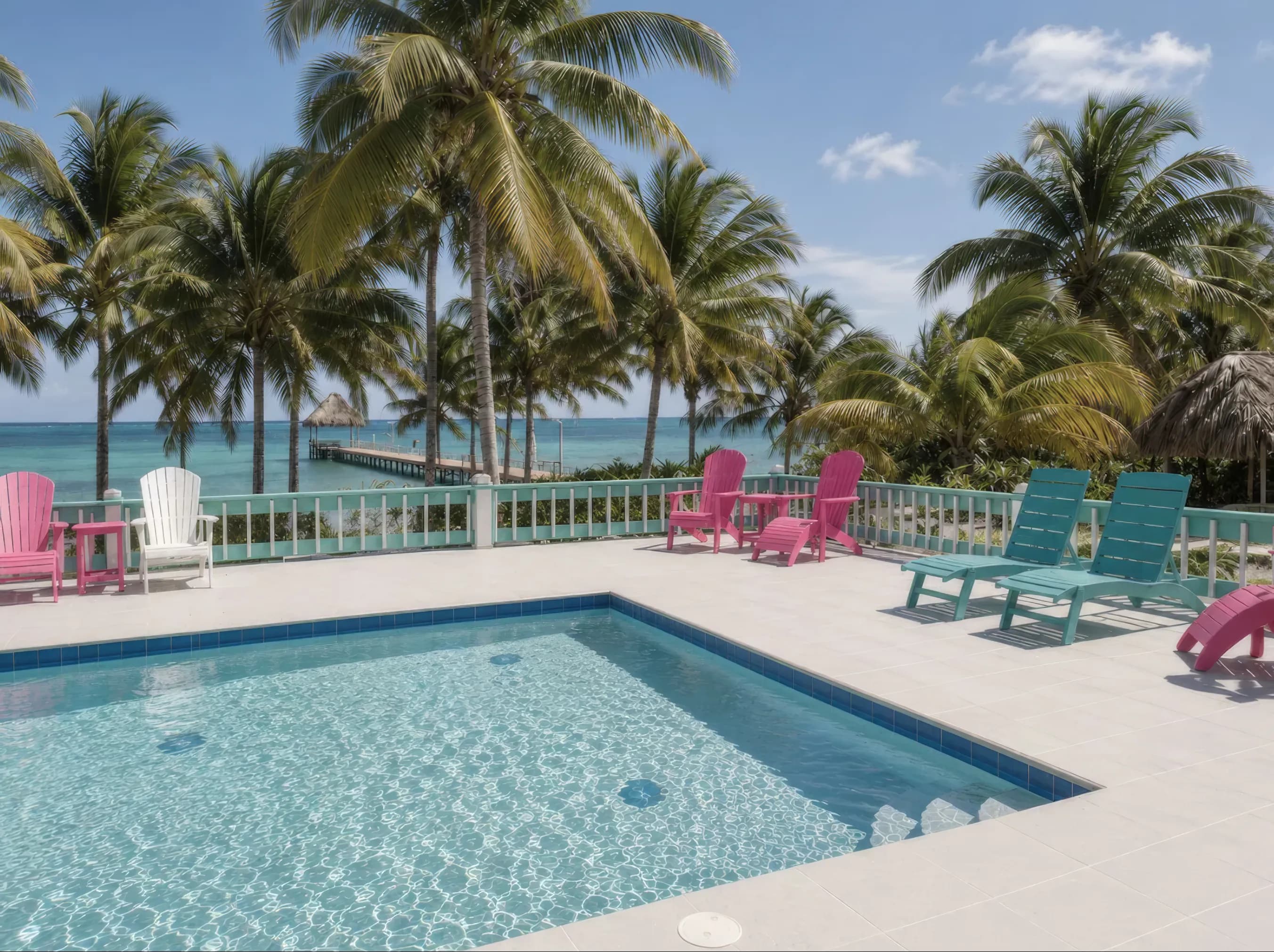 The pool and deck with pink and turquoise chairs under coconut palms, and the pier beyond
