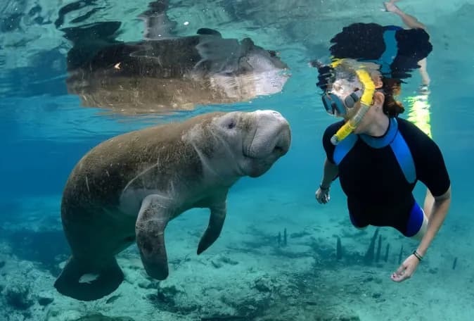 A snorkeller swimming alongside a manatee in clear, shallow water